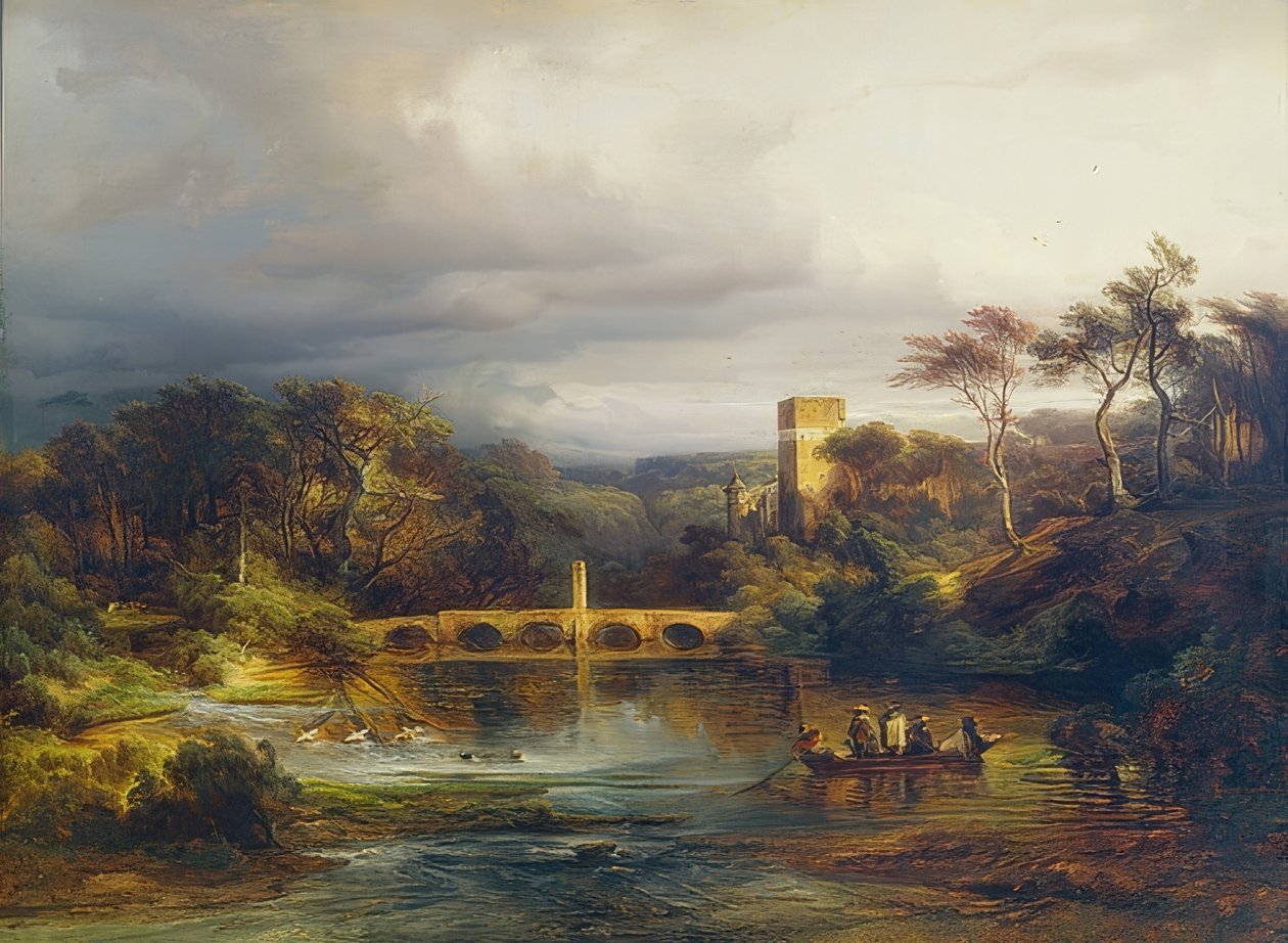 Slot ved skovsøen med sejlere og buet bro. 1846 af Caspar Scheuren