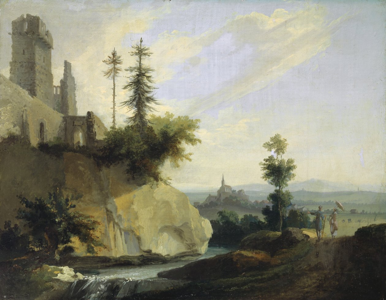 Landskabssammensætning med ruin af et slot, c.1774-77 af Caspar Wolf