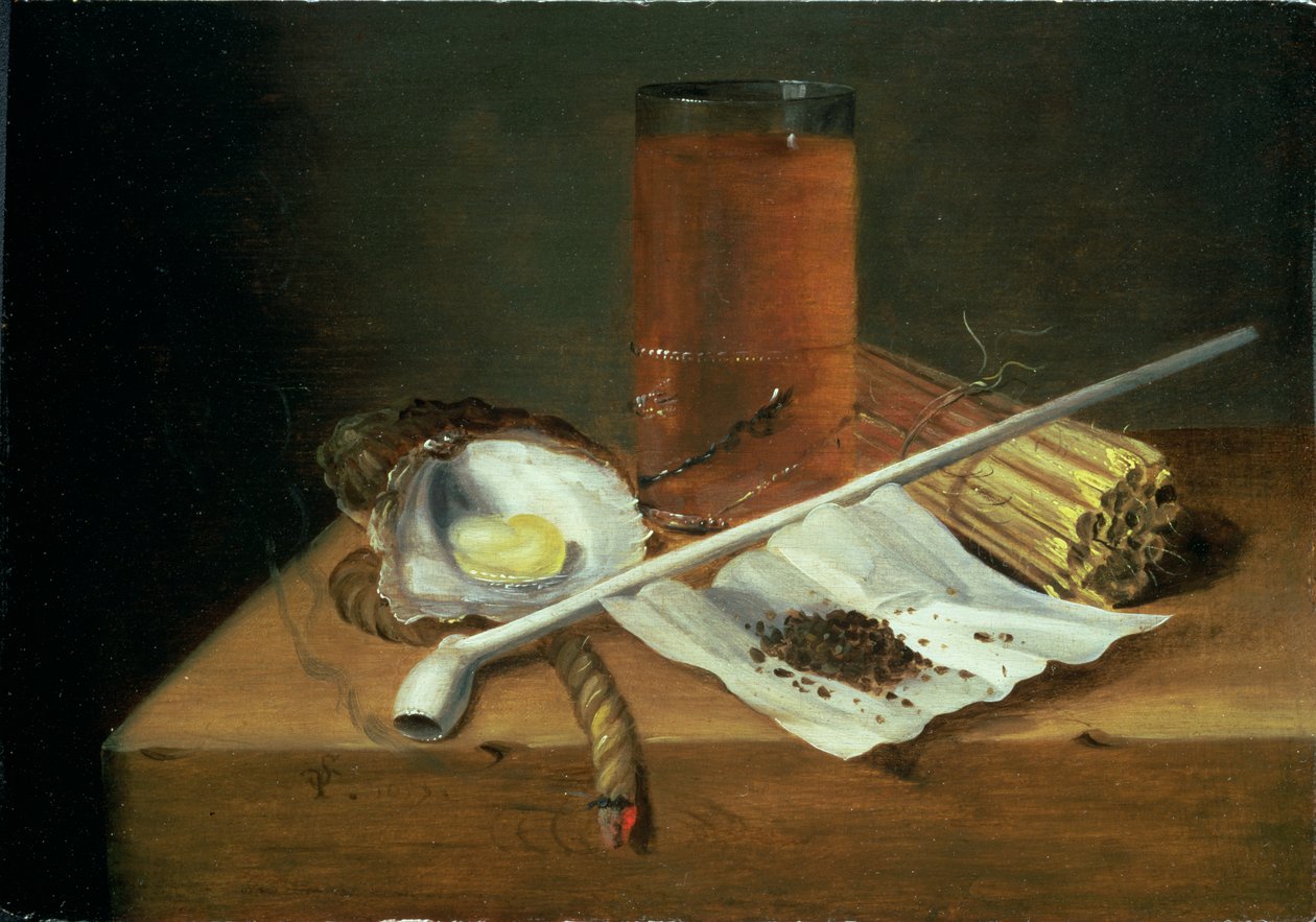 Stilleben med rygebehov, 1659 (panel) af Casparus Smits