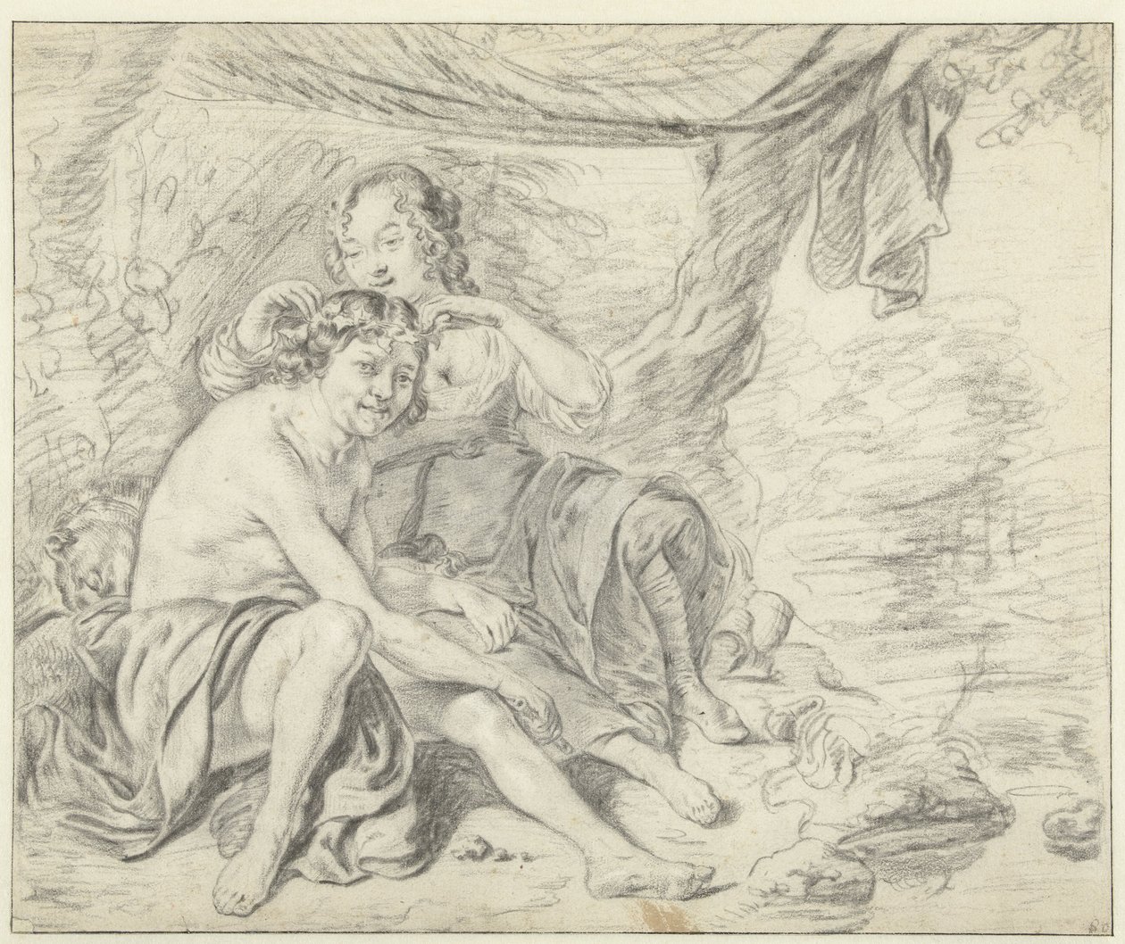 Hyrdinde kroner en hyrde med en laurbærkrans af Casper Casteleyn (attributed to)