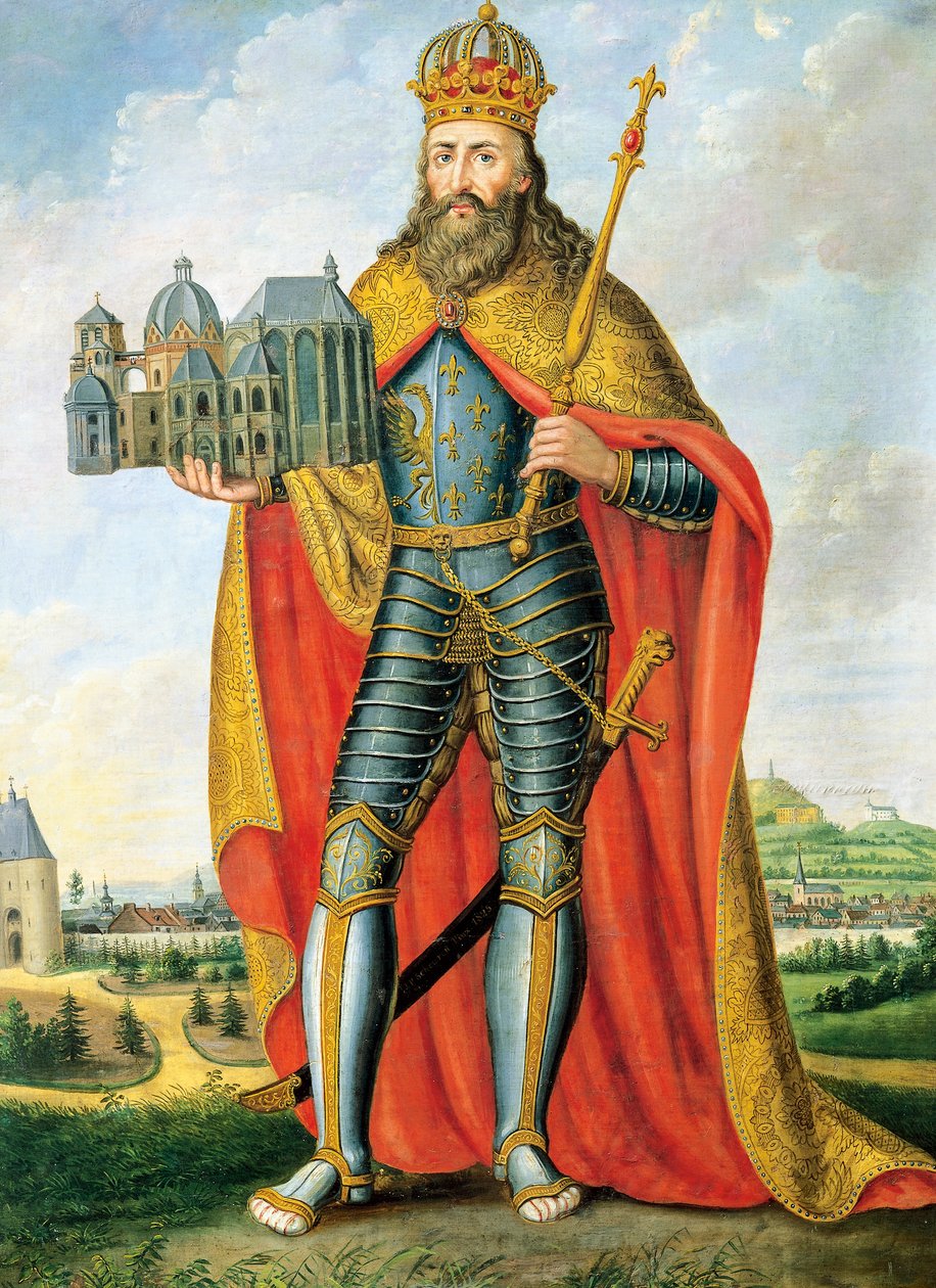 Portræt af Karl den Store (742 - Aachen, 814), konge af frankerne og langobarderne og kejser af Det Hellige Romerske Rige, stående med model af Palatinerkapellet, Maleri af Scheuren af Casper Johann Nepomuk Scheuren