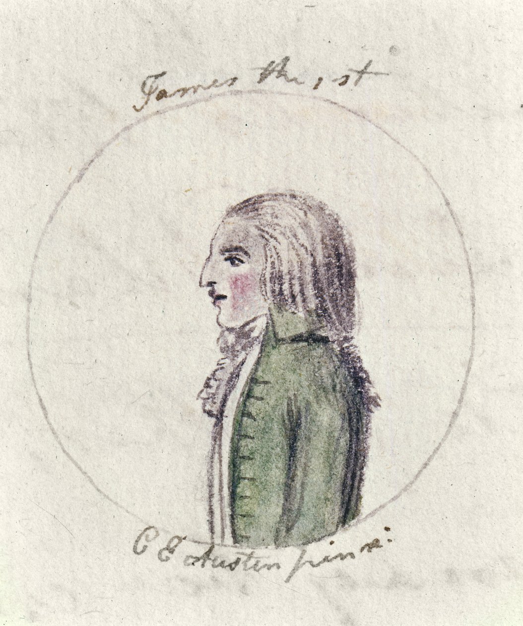 James I, ca. 1790 (pen & blæk og wc på papir) af Cassandra Austen