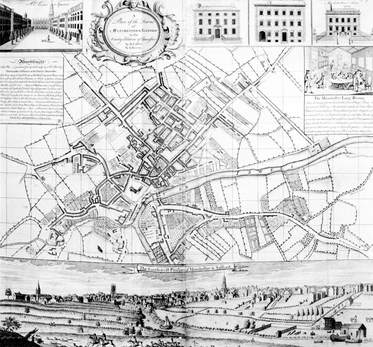 Kort over Manchester, 1751 af Casson and Berry