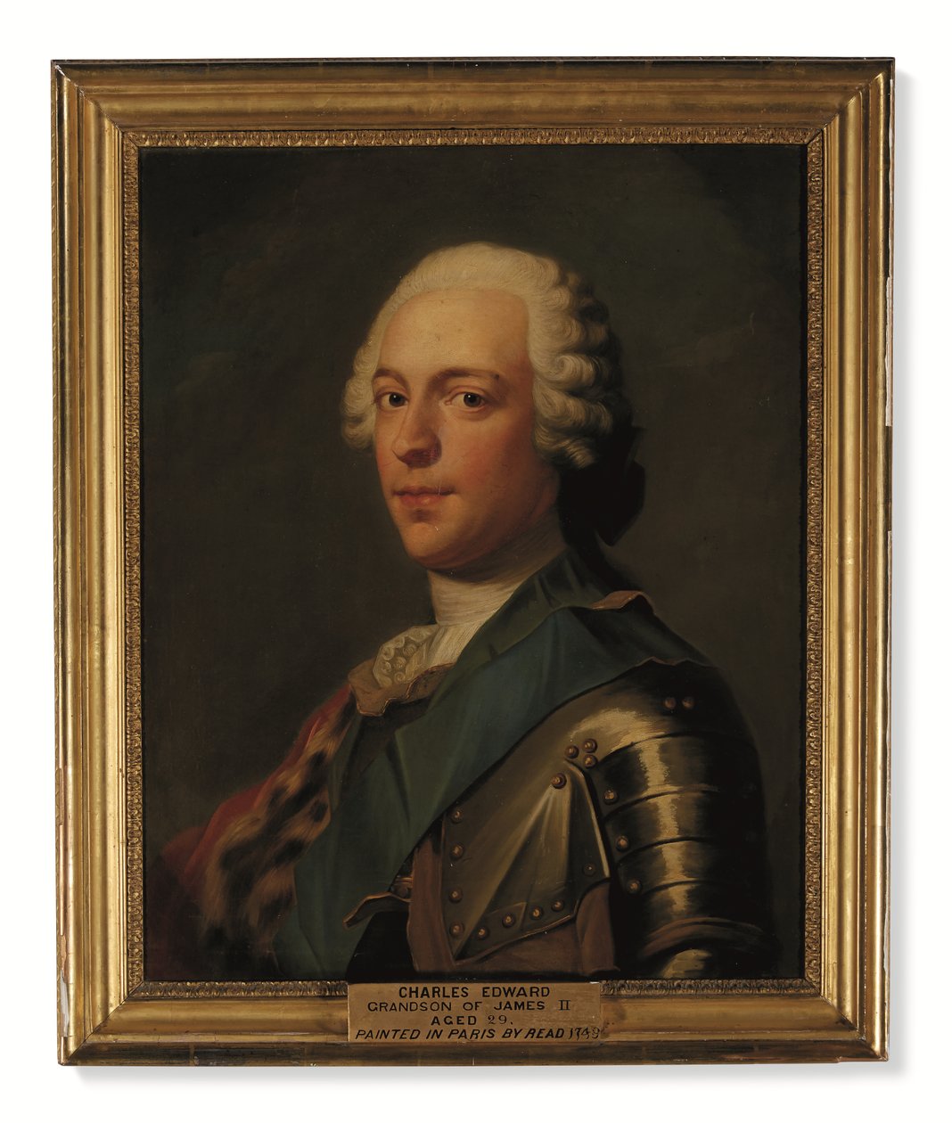 Prins Charles Edward Stuart, i rustning, med blåt skær af strømpebåndsordenen (olie på lærred) af Catherine (attr. to) Read