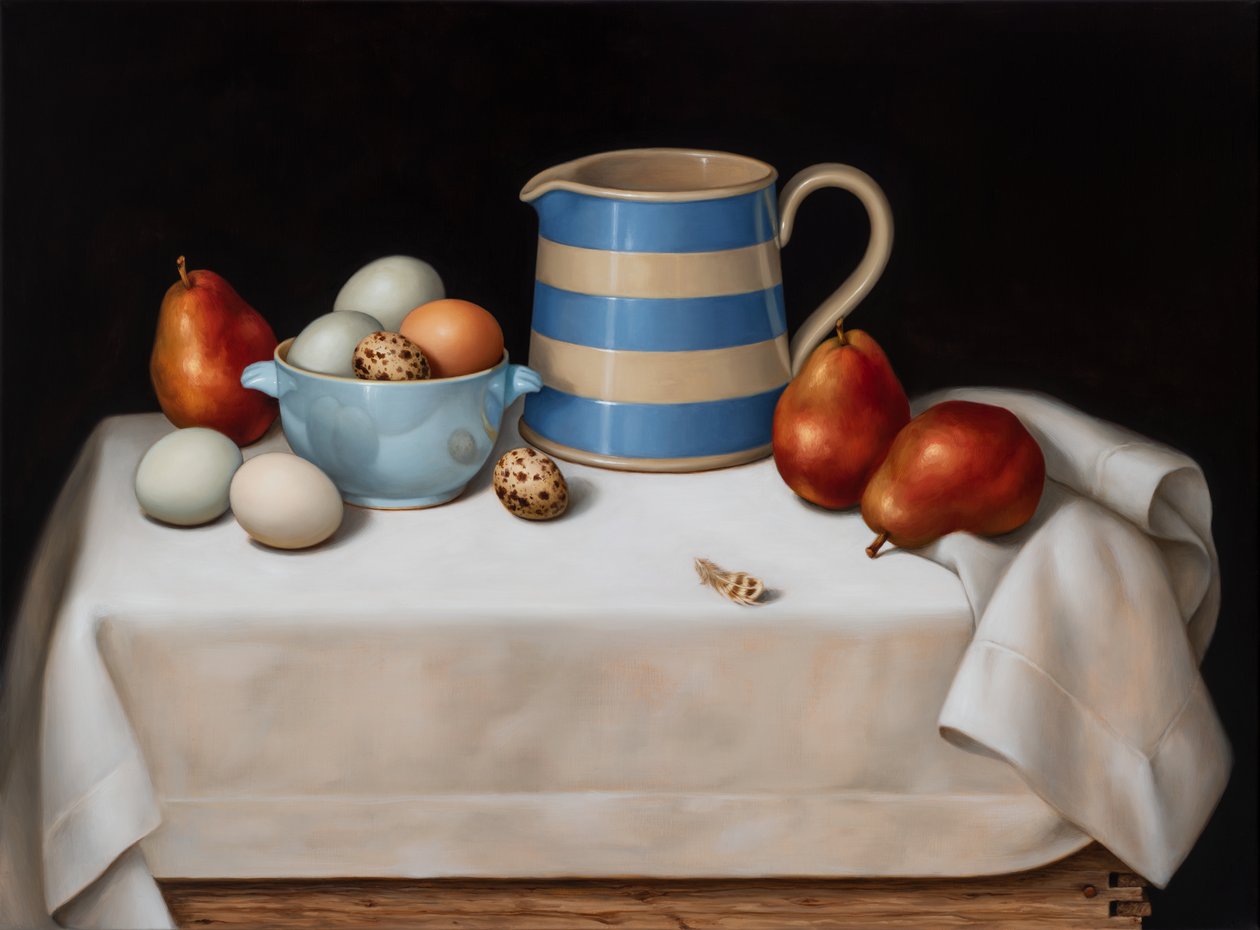 Stilleben med vagtlfjer, 2019 (olie på linned) af Catherine Abel
