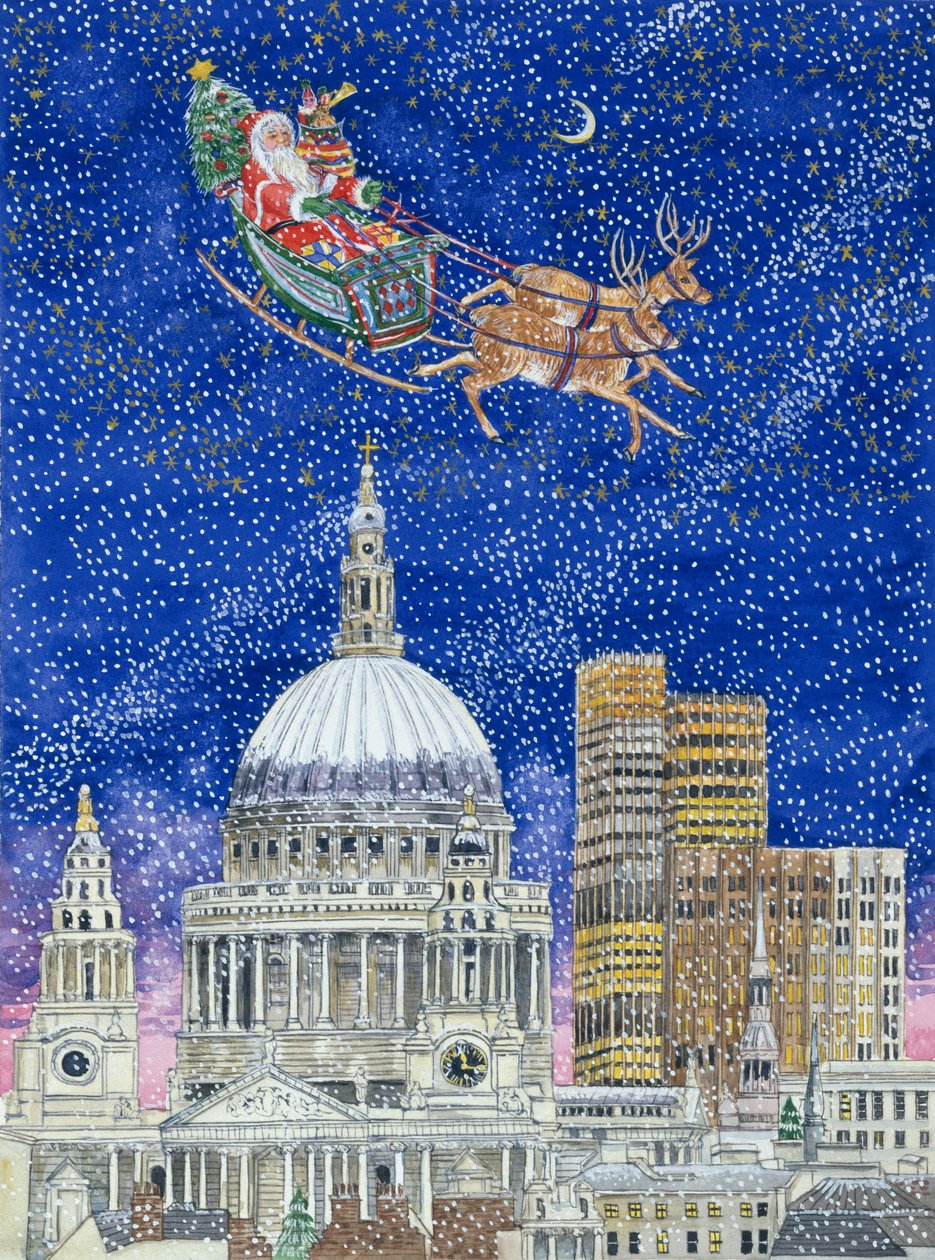 Julemanden flyver over London (wc på papir) af Catherine Bradbury