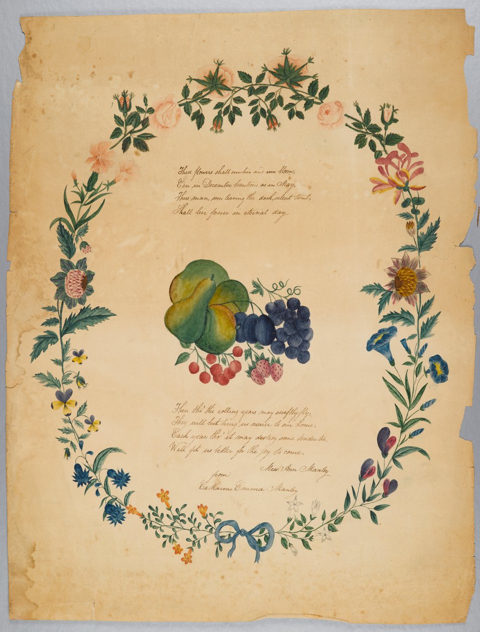 Uden titel (digt og dekorativ krans) (wc, grafit & blæk på papir) af Catherine Emma Manley