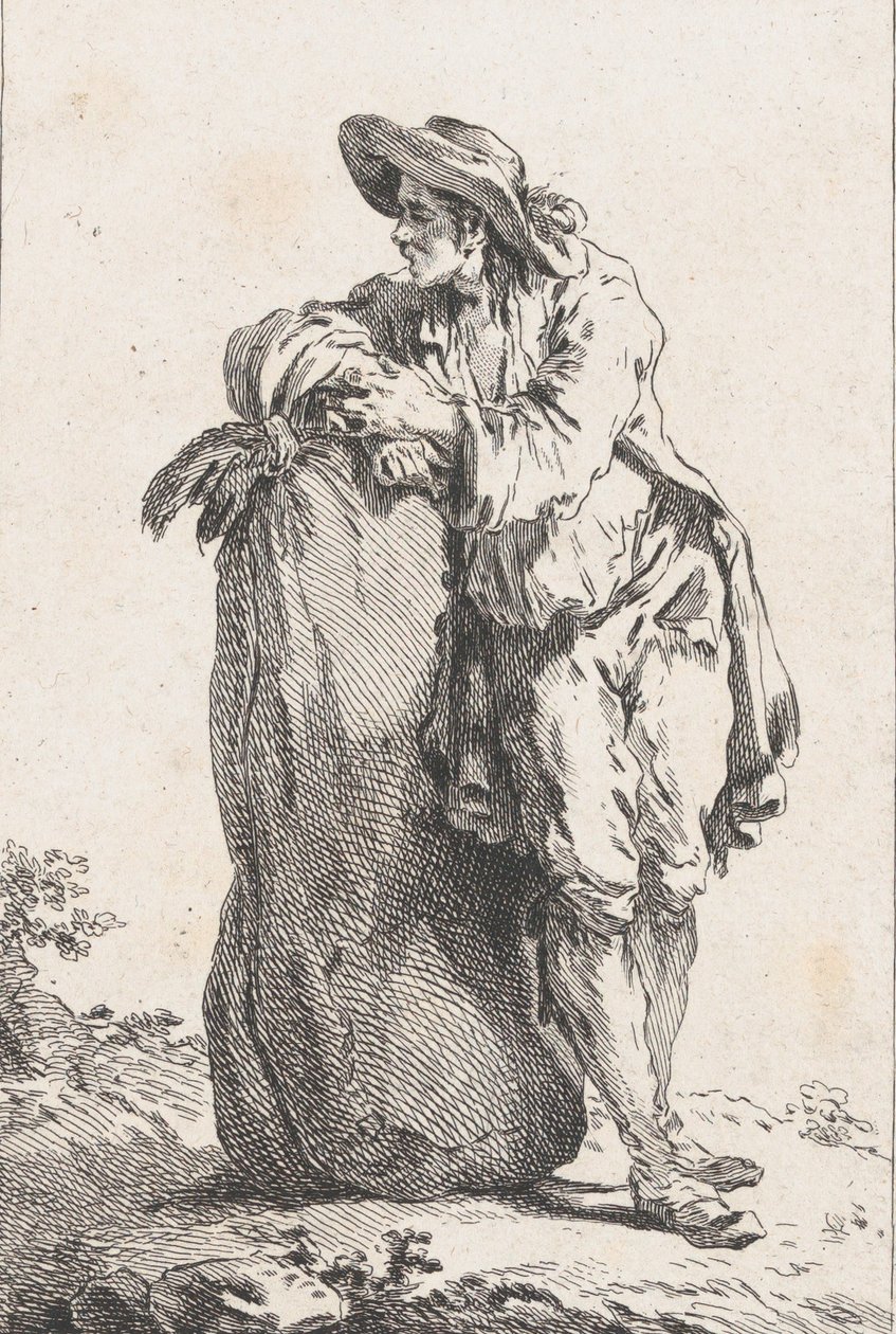 Bonde lænet op ad en sæk korn, 1758. af Catherine Francoise Beauvarlet
