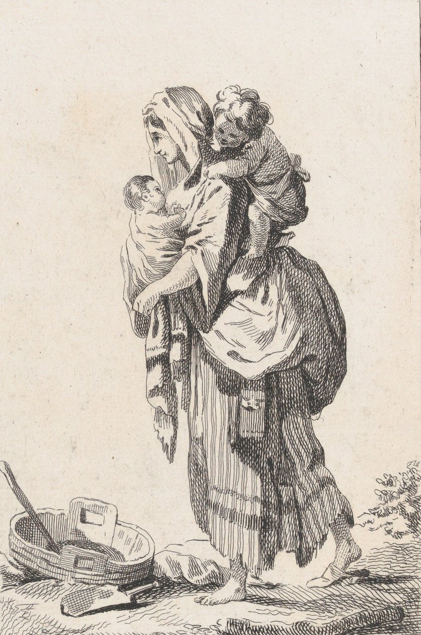 Bondekone med to børn, ca. 1758. af Catherine Francoise Beauvarlet