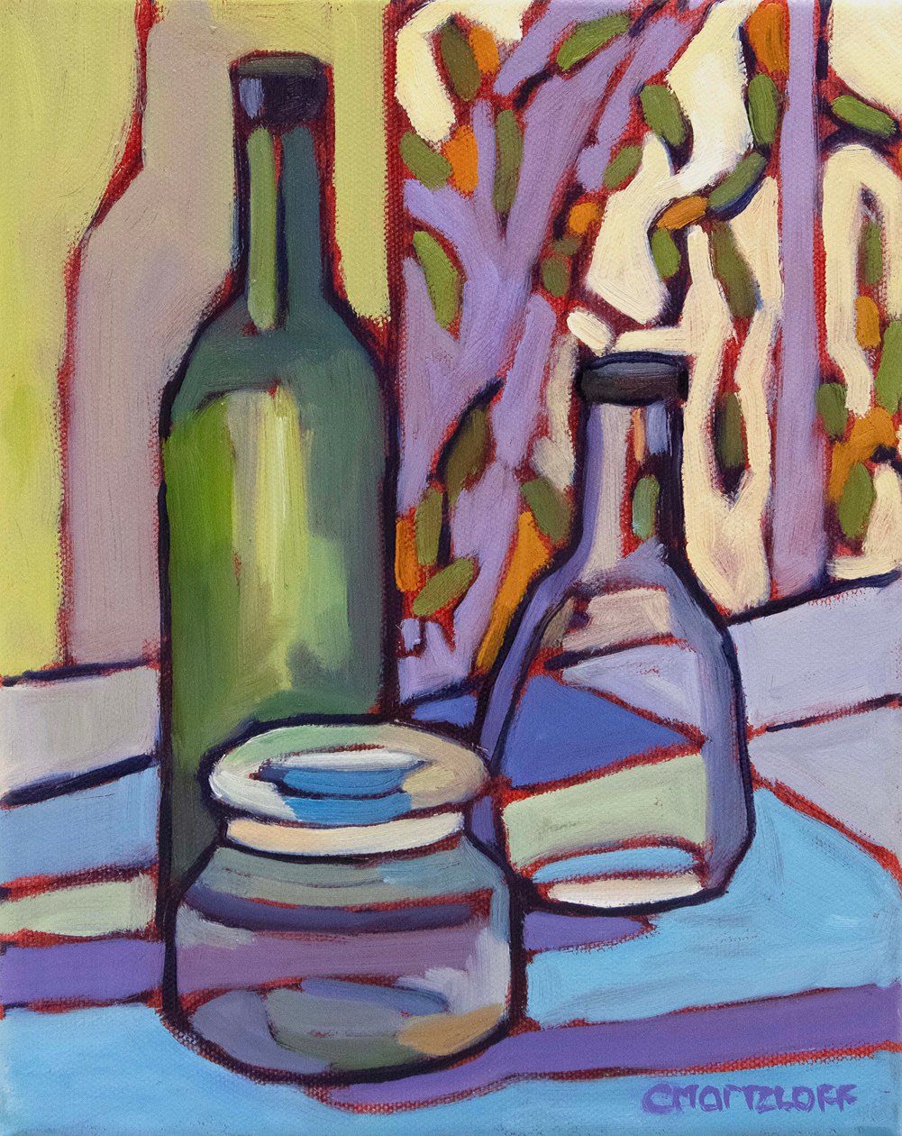 Bottled Moments, 2024 (olie på lærred) af Catherine J Martzloff