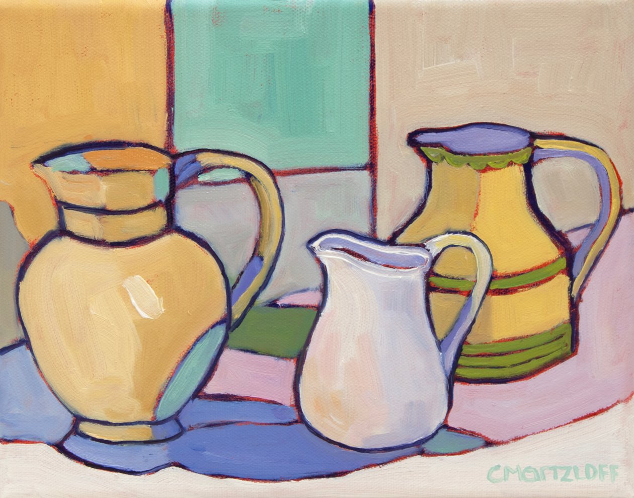 Vessels Amidst Soft Hues, 2024 (Olie på lærred) af Catherine J Martzloff
