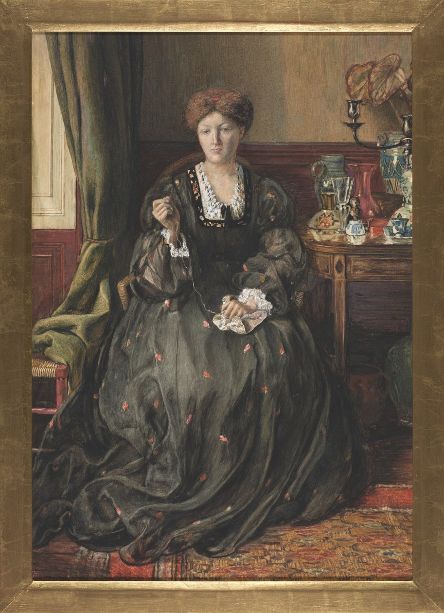 Thinking, Portræt af Emma Madox Brown, ca. 1870 (akvarel og gouache på papir) af Catherine Nee Madox Brown Hueffer