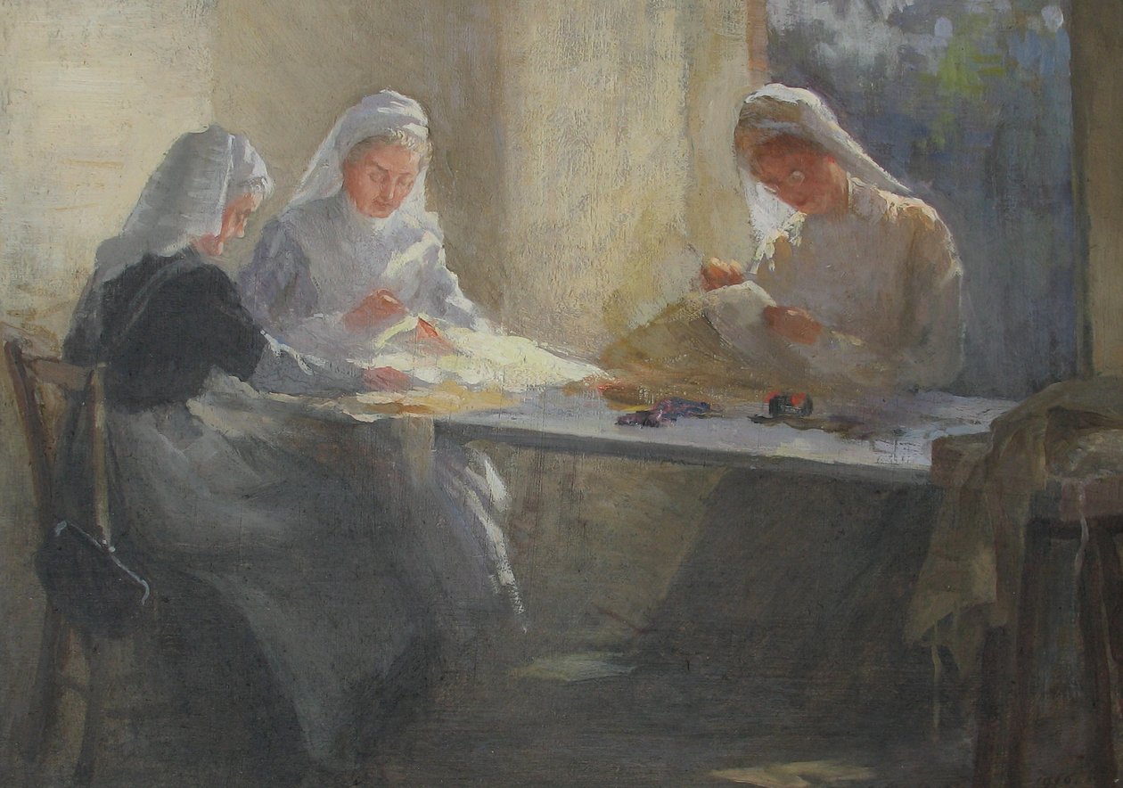 Kensington War Hospital Supply Depot (Kensington Square), Tre sygeplejersker sidder ved et bord og syr, ca. 1916 (olie på lærredstavle) af Catherine Ouless