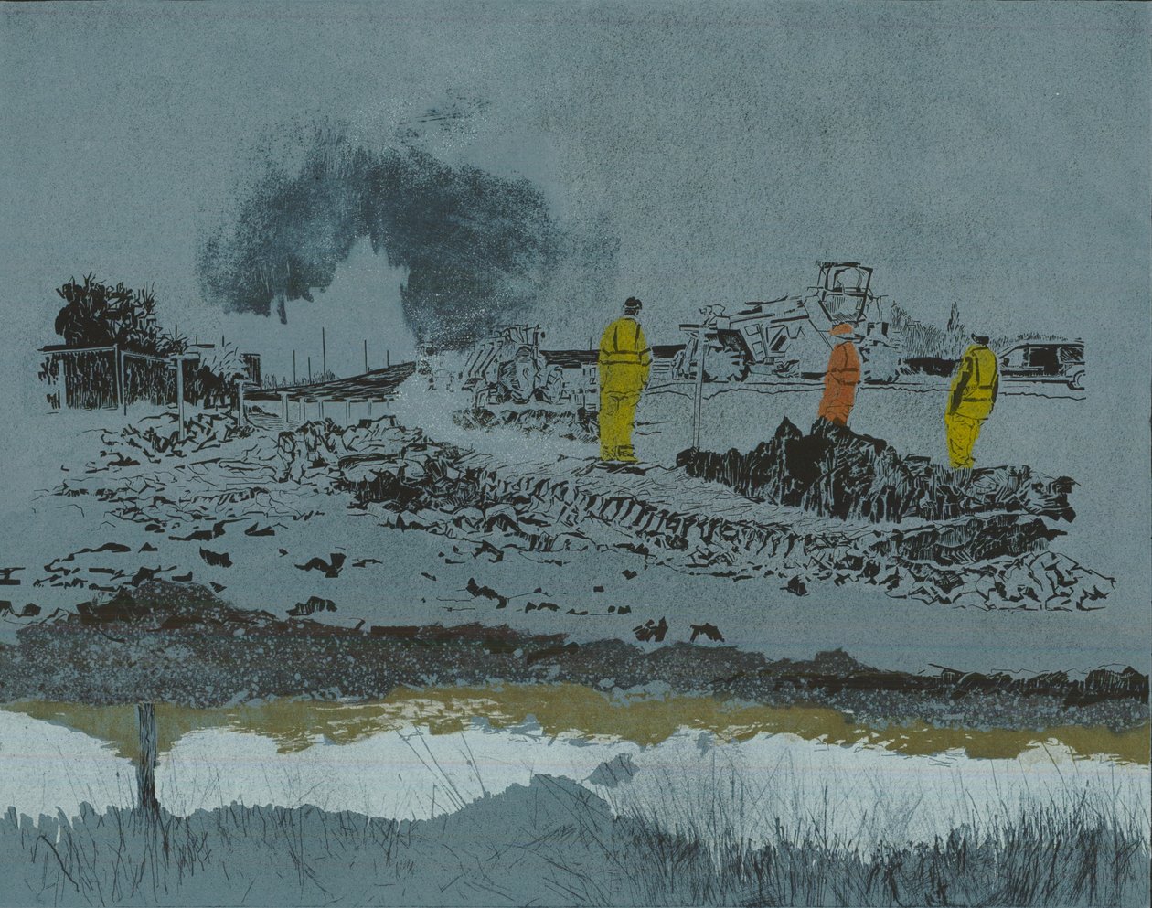 Lime on the land, 2014 (linoleumssnit og ætsning) af Catherine Sutcliffe Fuller