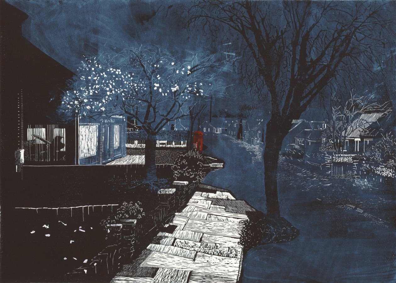Sound of music in suburbia, 2012 (linoleumssnit og ætsning) af Catherine Sutcliffe Fuller