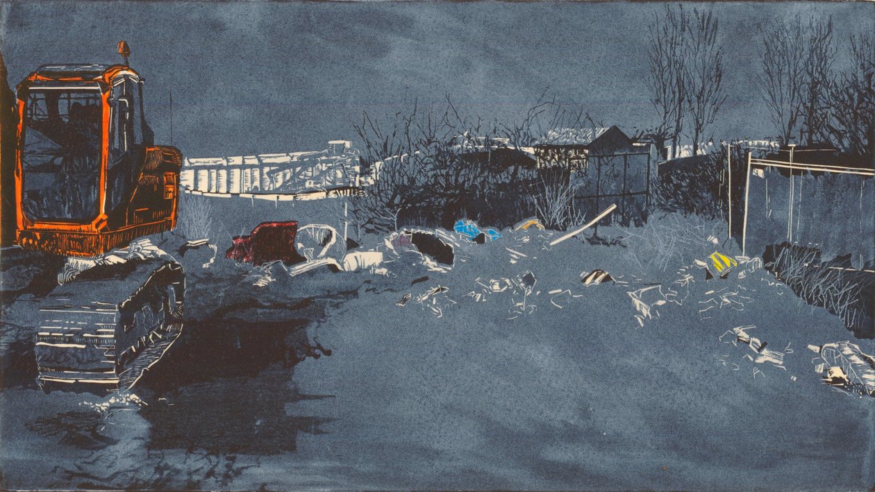 Store vidder med 300 salamandre, 2014 (linoleumssnit og ætsning) af Catherine Sutcliffe Fuller