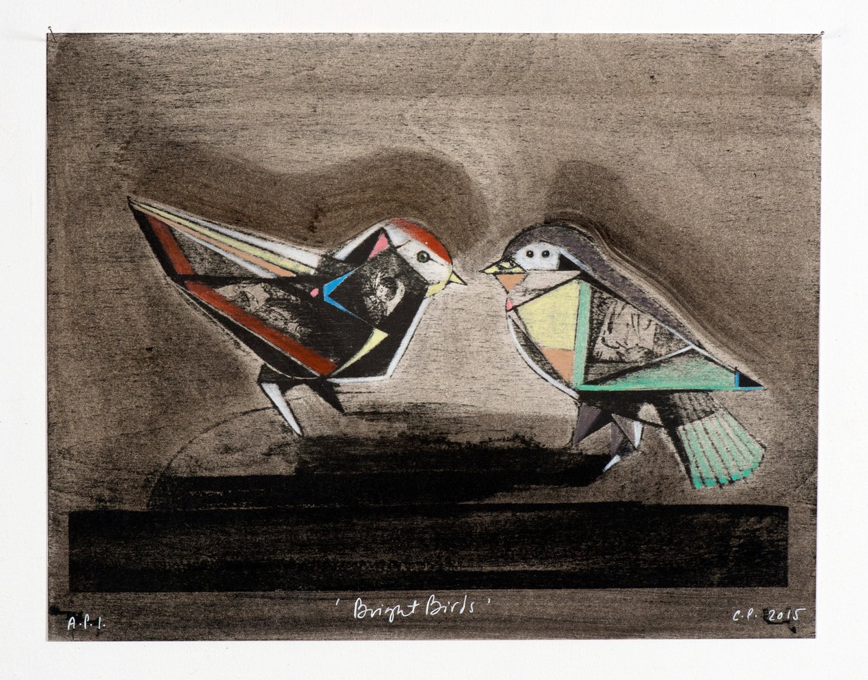 Bright Birds, 2014 (mokulito-litografi med håndkolorering) af Cathie Pilkington
