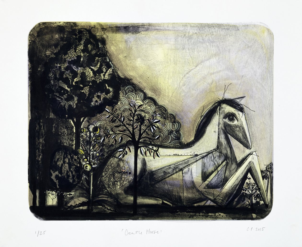 Gentle Horse, 2015 (mokulito-litografi med håndkolorering) af Cathie Pilkington