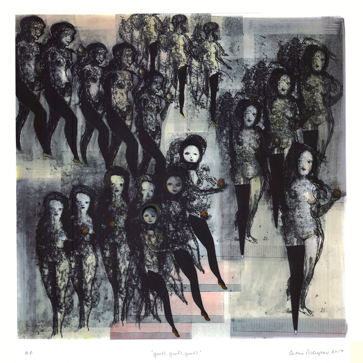 Piger, piger, piger, 2017 (håndkoloreret litografi) af Cathie Pilkington