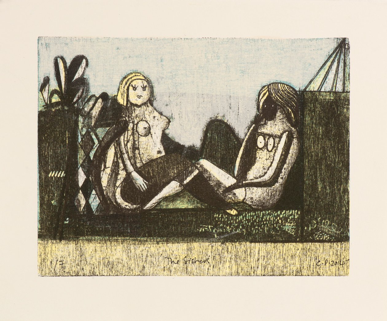 The Sisters, 2014 (mokulito-litografier med håndkolorering) af Cathie Pilkington