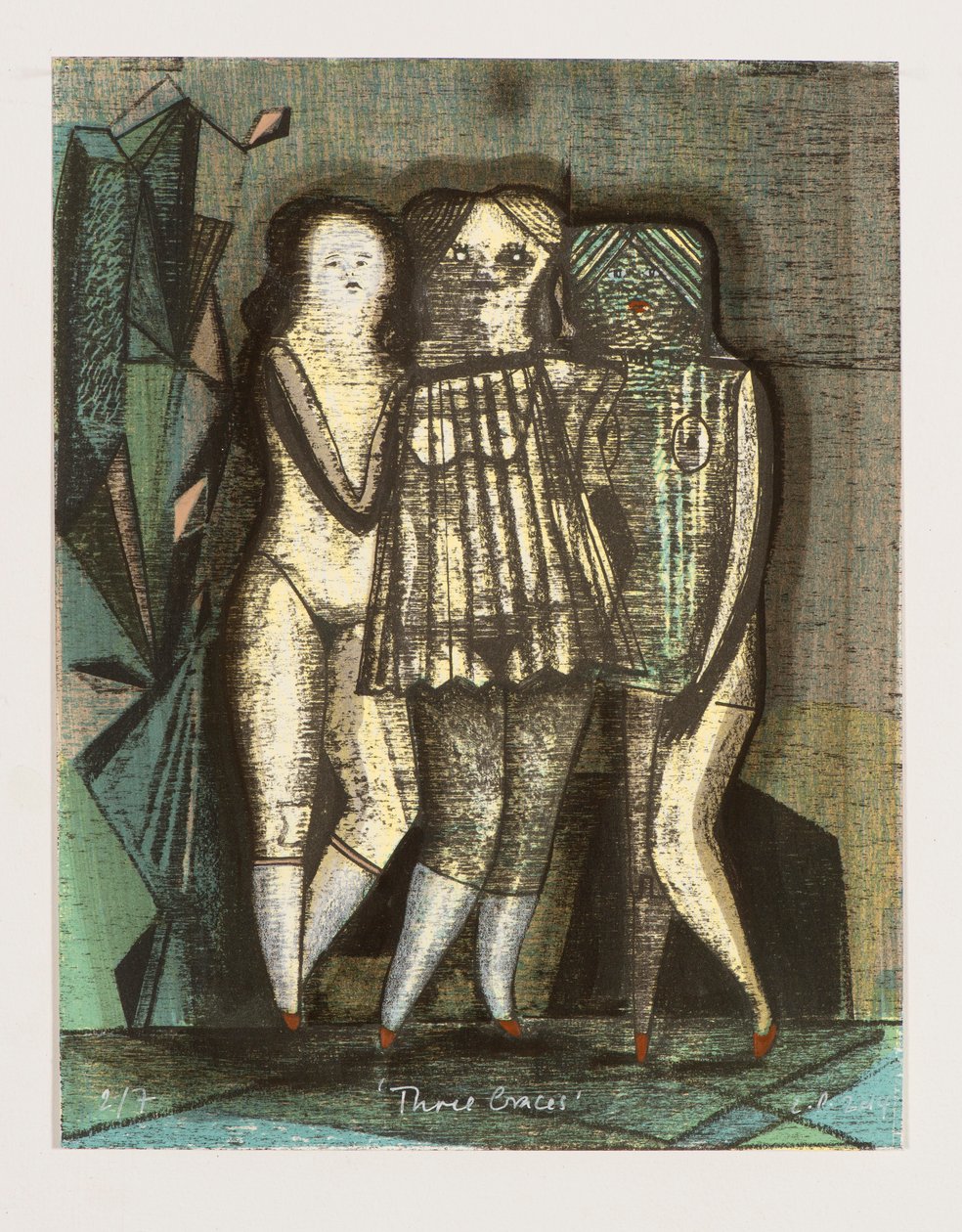 Three Graces, 2014 (mokulito-litografi med håndkolorering) af Cathie Pilkington