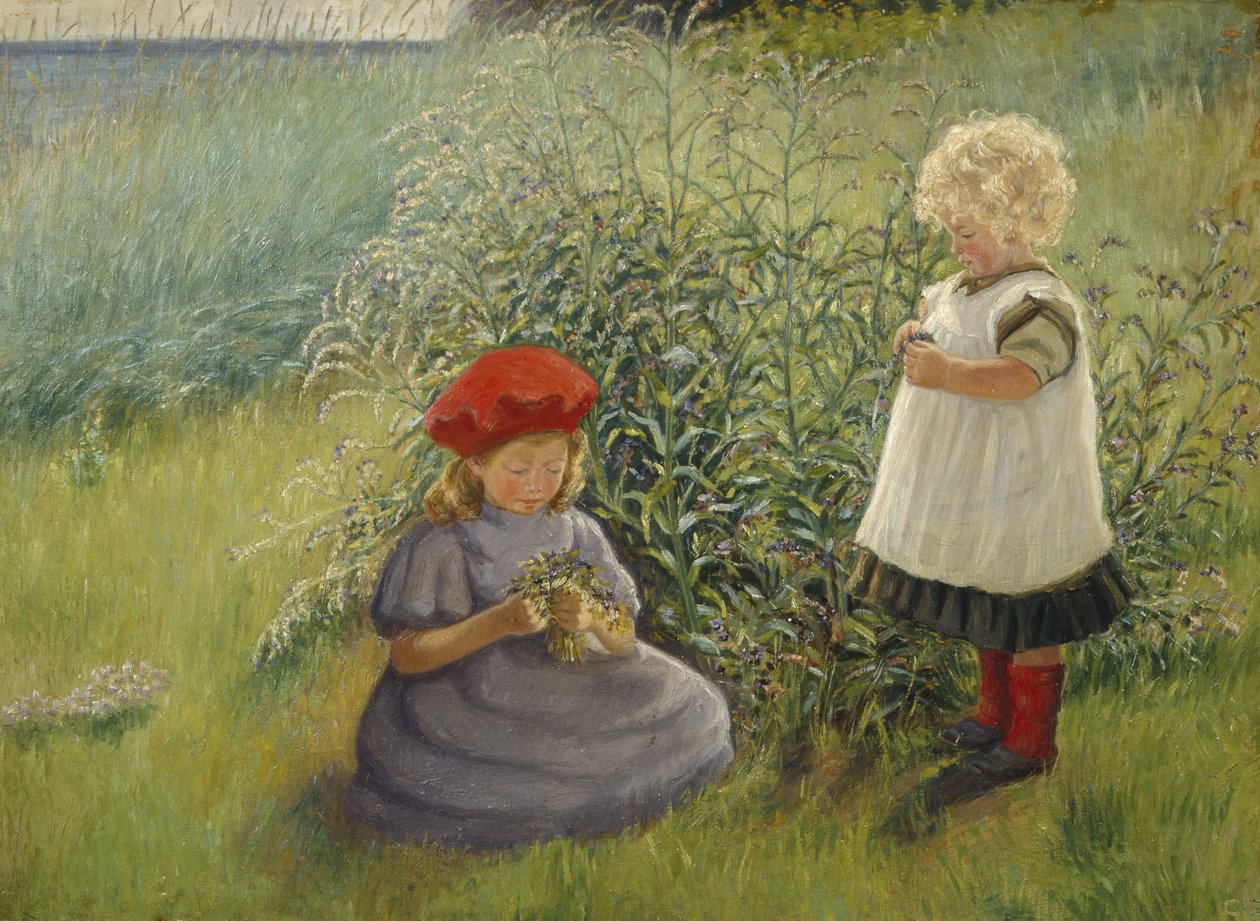 To piger plukker blomster (olie på lærred) af Cathrine Zernichow