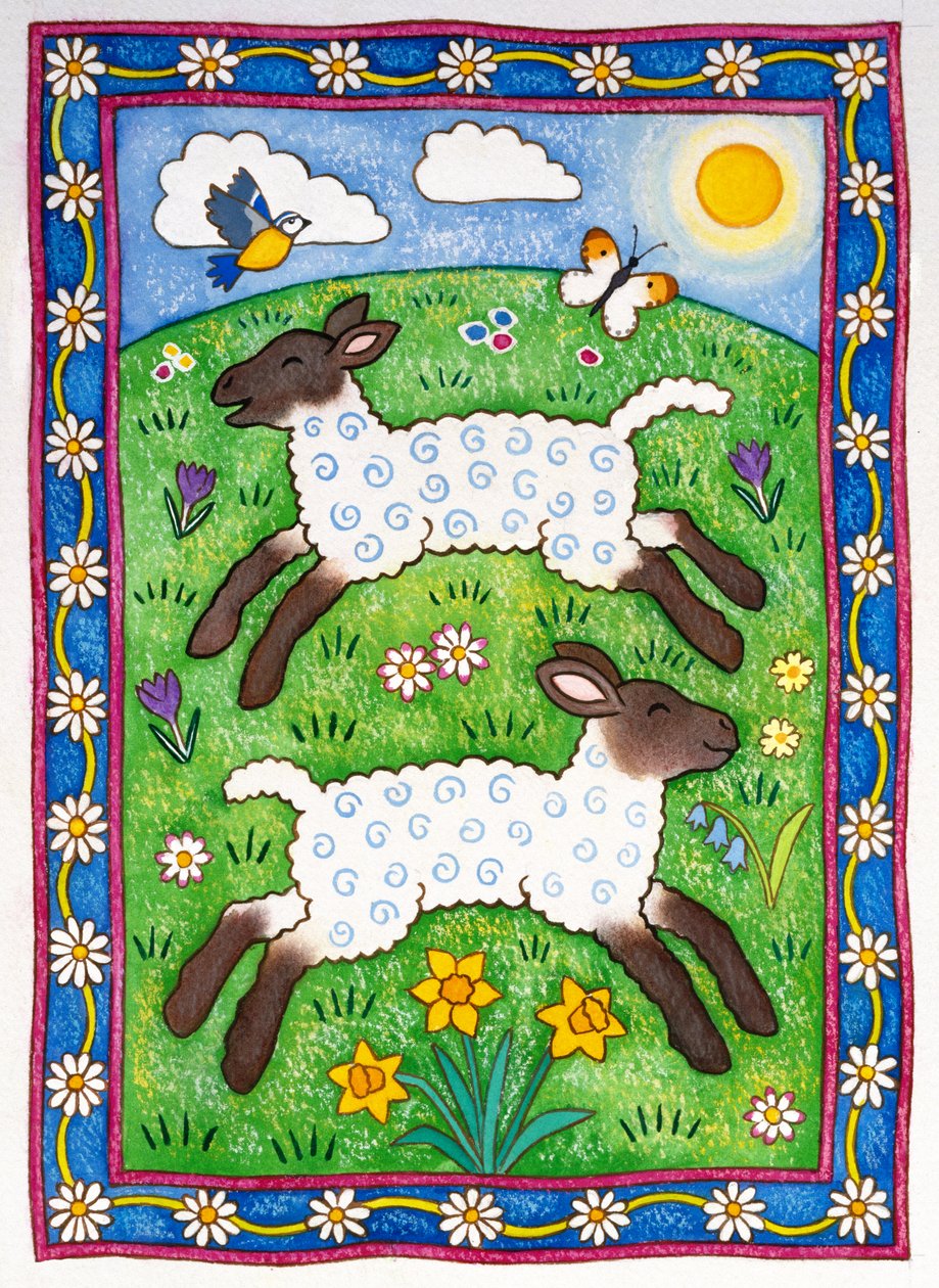Bouncy Lambs, 1997 (wc og pastel på papir) af Cathy Baxter
