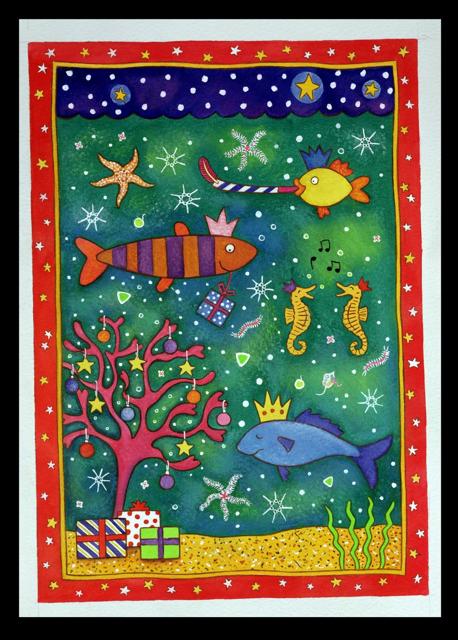 Fishy Christmas, 1997 (wc og pastel på papir) af Cathy Baxter