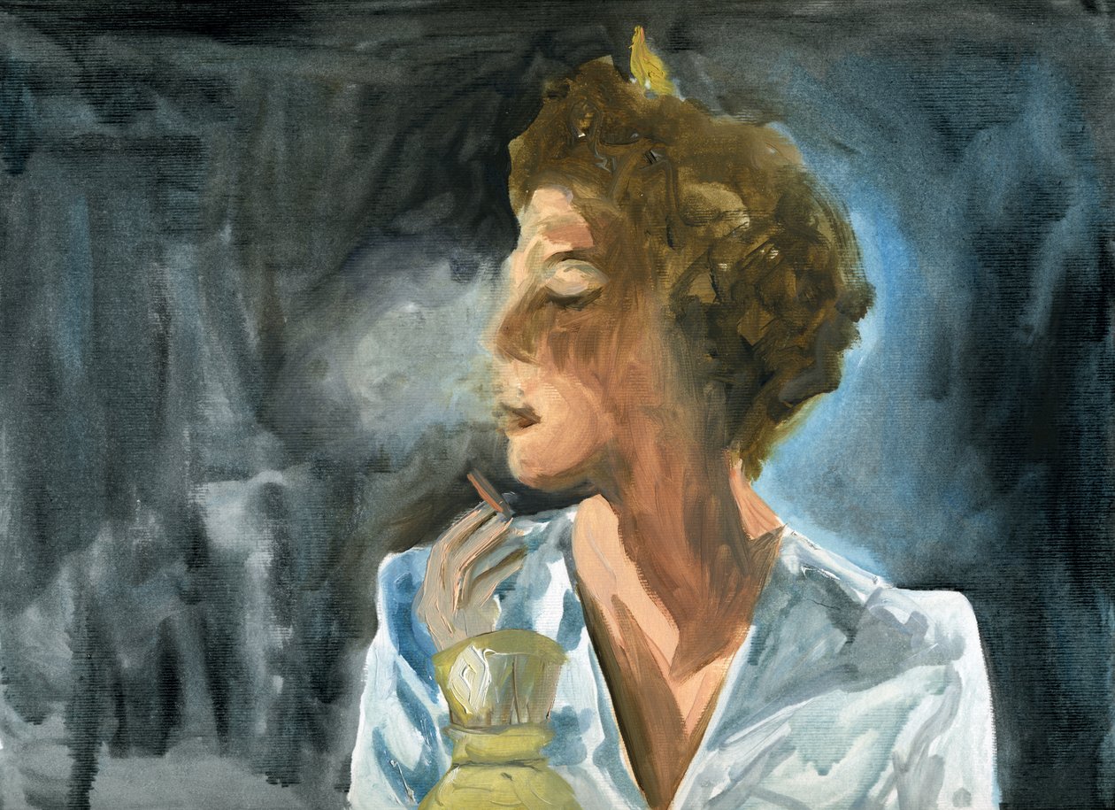 23.10.09 - Hun røg en sidste cigaret, før hun gik i seng, 2009 (olie på papir) af Cathy Lomax