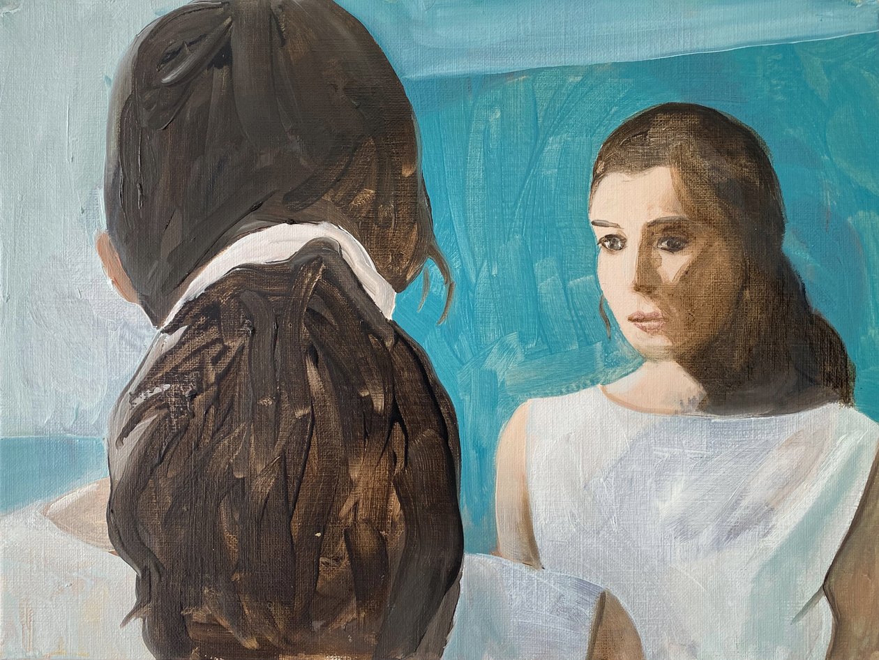 Self Examination, 2023 (olie på papir) af Cathy Lomax