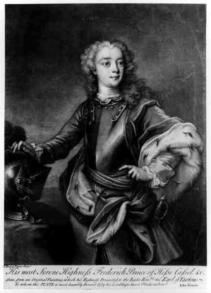 Portræt af Frederik II (1720-1785), Landgrave of Hesse-Cassel, graveret af John Simon (1675-1715) af Cavaliere Carlo Francesco Rusca