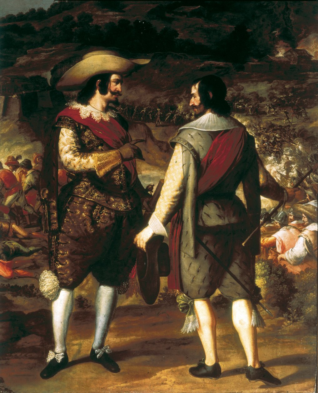 Indtagelsen af San Juan i Puerto Rico (Puerto Rico) (1625). Detalje. I forgrunden taler Don Juan de Haro med sin assistent. Bag ham fæstningen bevogtet af spanierne, der tvinger hollænderne til at forlade. Maleri af Eugenio Caxes eller Cajes (1577-1634) af Caxesi or Caxete Eugenio Caxes