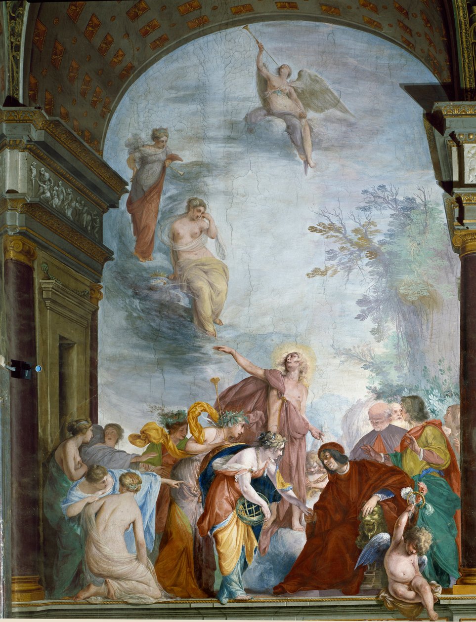 La Renommee ovatificerer Lorenzo de Medici den Storslåedes bedrifter (Laurent de Medici le Magnifico) (1449-1492) Fresco af Cecco Bravo (Francesco Montelatici) (1607-1661) omkring 1635 Firenze, Palazzo Pitti, Sala degli Argenti af Cecco  Bravo
