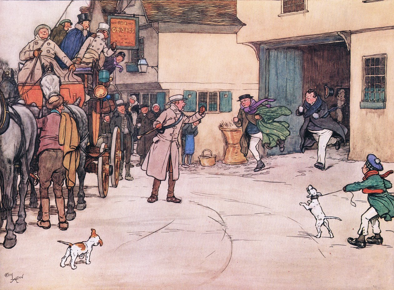 Et fjernt svar høres fra gården, og hr. Pickwick og hr. Turpin kom løbende ned af Cecil Charles Windsor Aldin