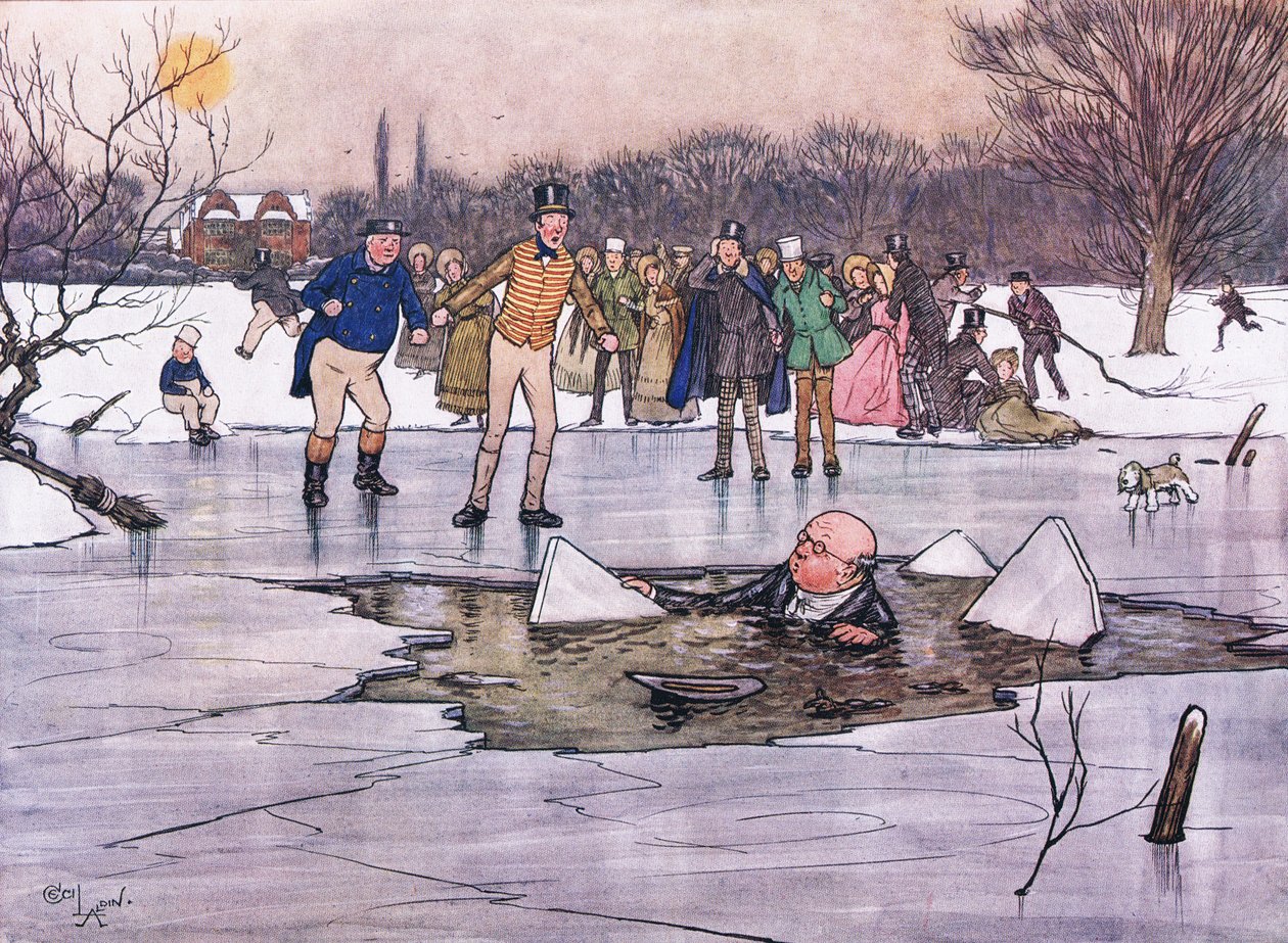 Et ansigt, hoved og skuldre dukkede op fra under vandet og afslørede hr. Pickwicks træk og briller. af Cecil Charles Windsor Aldin
