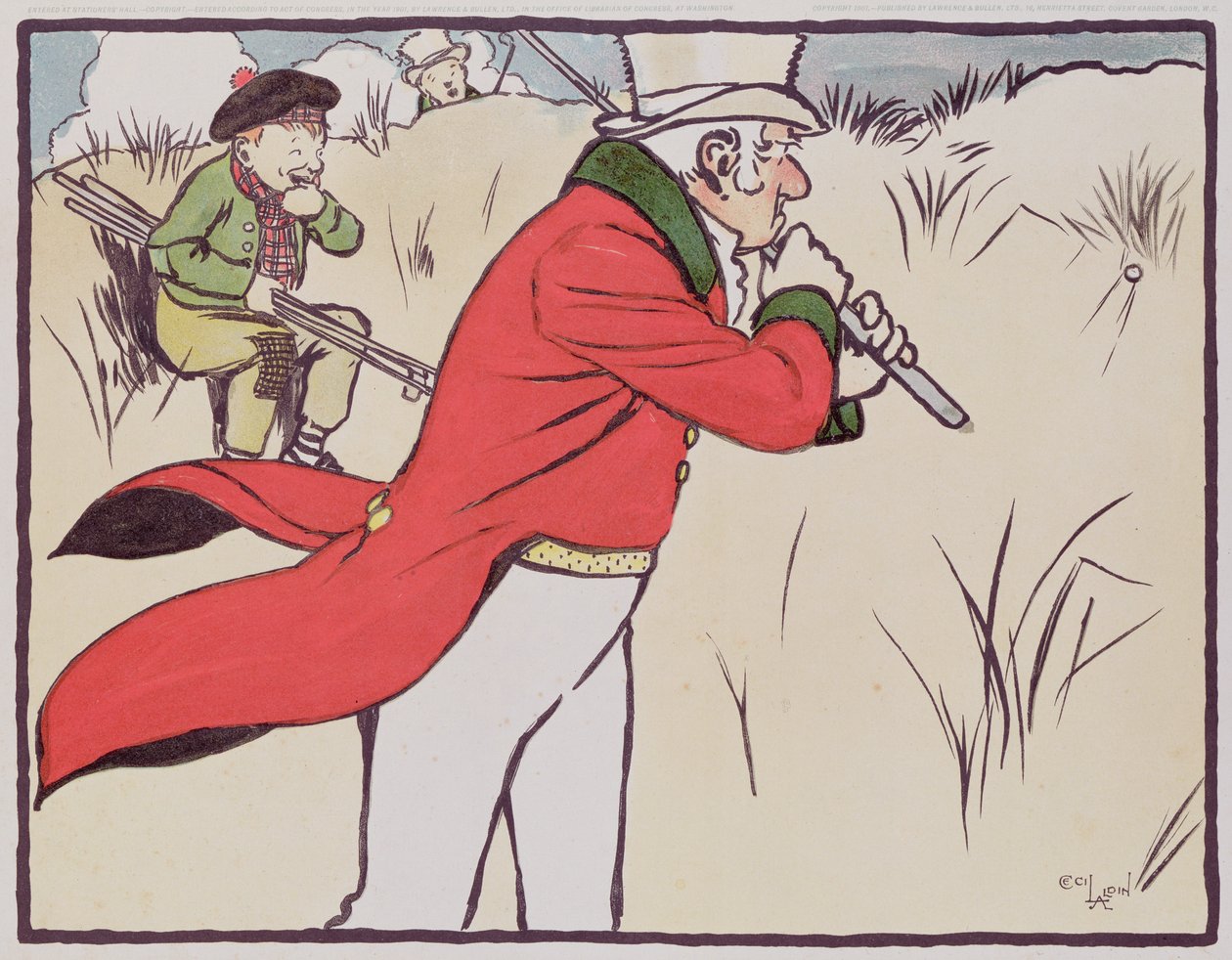 Vred golfspiller kører sin bold ind i kratten, mens hans caddie forsøger at stoppe sig selv fra at grine, 1901 af Cecil Charles Windsor Aldin