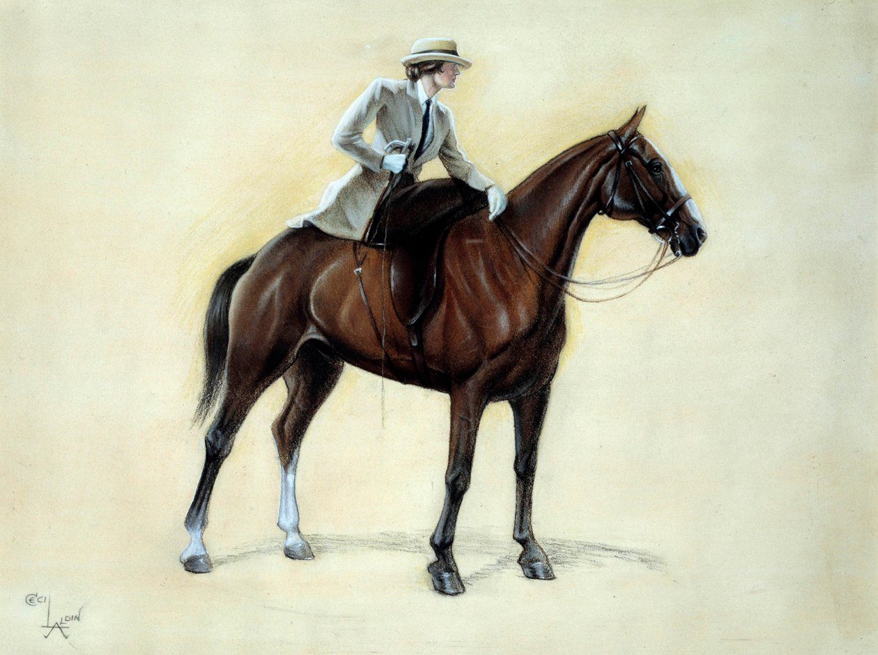 En elegant cavaliere, der stiger ind i en Amazonas. Tegning af Cecil Aldin (1870-1935) 1800-tallets privatsamling af Cecil Charles Windsor Aldin