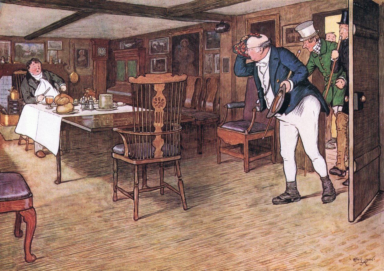 Ved bordet sad hr. Tupman og lignede en mand, der havde taget afsked med denne verden (farve litho) af Cecil Charles Windsor Aldin