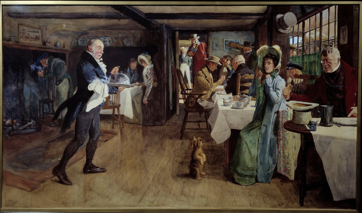 Morgenmad på kroen. Maleri af Cecil Aldin (1870 - 1935) Ec. Ang. af Cecil Charles Windsor Aldin