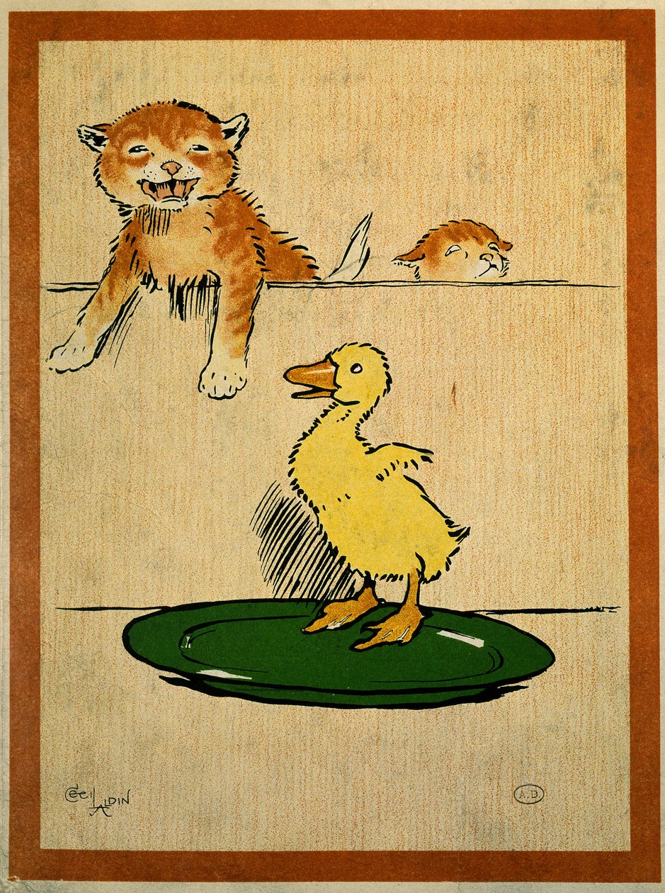 Katte og ænder. Tegning af Cecil Aldin (1870-1935). Paris, dekorativ kunst af Cecil Charles Windsor Aldin