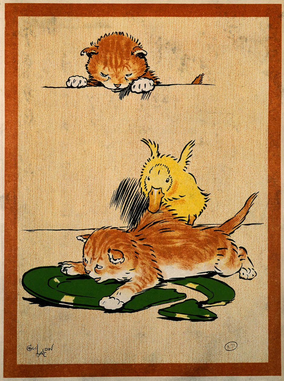 Katte og ænder. Tegning af Cecil Aldin (1870-1935). Paris, dekorativ kunst af Cecil Charles Windsor Aldin