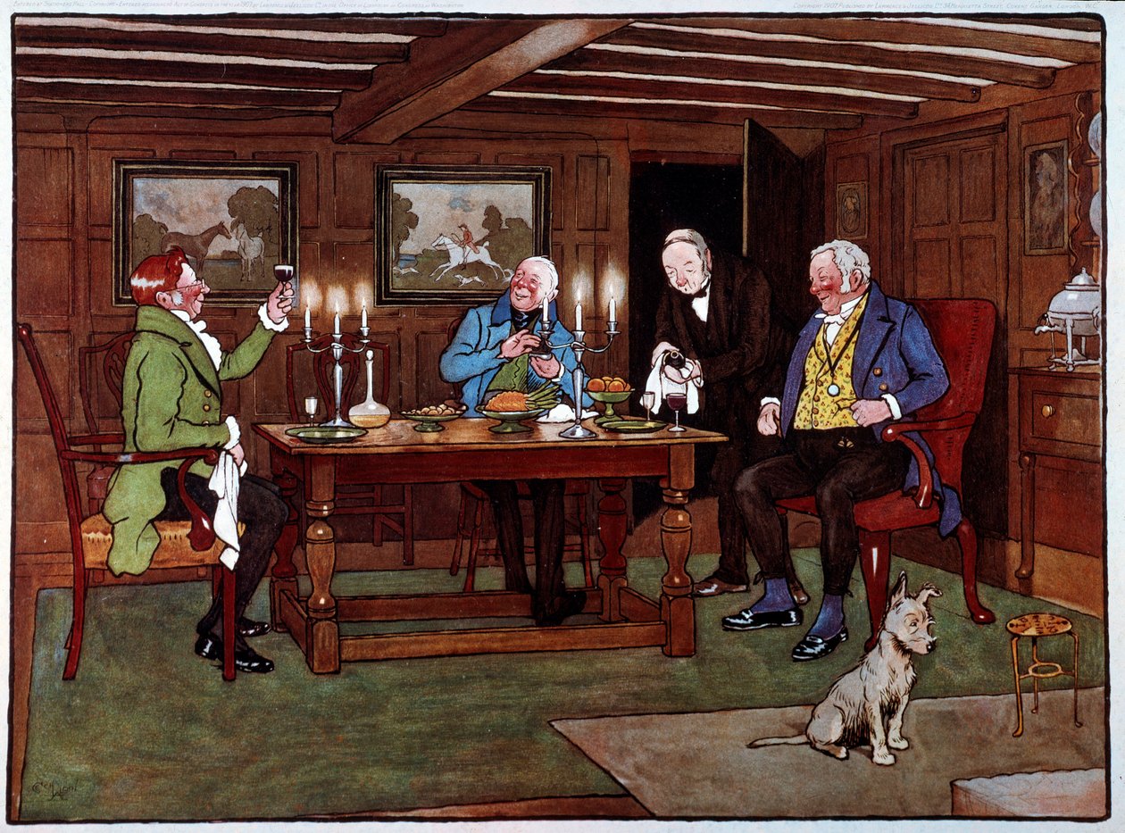 Kendere Drikkere nyder et glas portvin. Akvarel af Cecil Aldin (1870-1935) 1800-tallets privatsamling af Cecil Charles Windsor Aldin