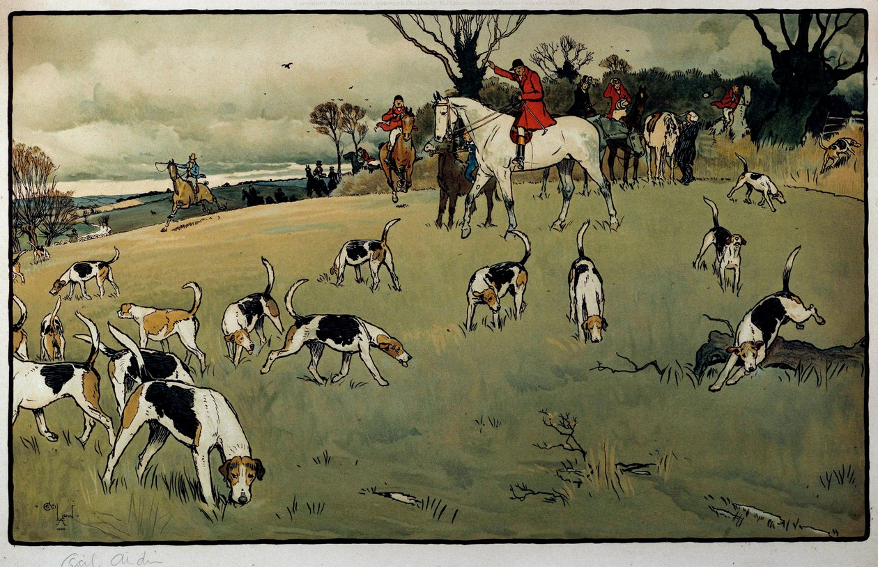 Hunting Scene, A Trail Watercolor af Cecil Aldin (1870-1935) Privat samling fra det 19. århundrede af Cecil Charles Windsor Aldin