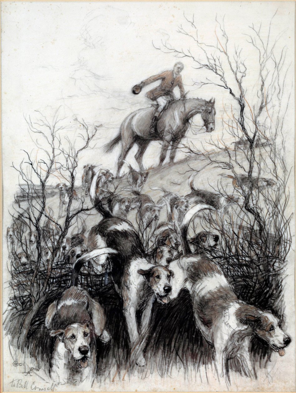 Jagtscene i England: Hundetegning af Cecil Aldin (1870-1935) Privatsamling fra det 19. århundrede af Cecil Charles Windsor Aldin