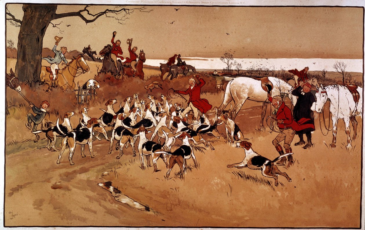 Jagtscene løb; skydning. Gravering af Cecil Aldin (1870 -?), england. Saml. En del af Cecil Charles Windsor Aldin