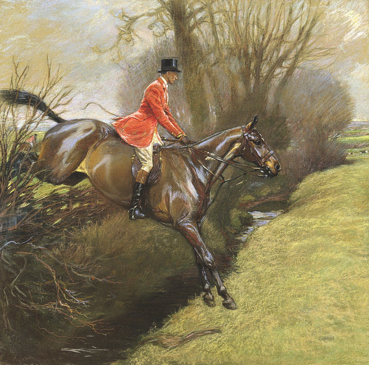 Oberstløjtnant Ted Lyon Jumping a Hedge (pastel på papir) af Cecil Charles Windsor Aldin