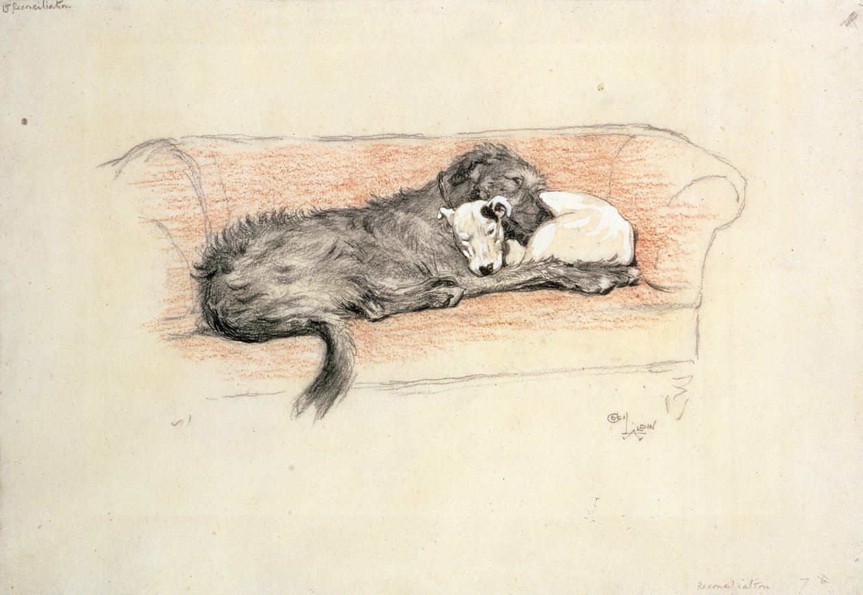 Forsoning; Ulvehund og Bull Terrier sover i en sofa (pastel på papir) af Cecil Charles Windsor Aldin