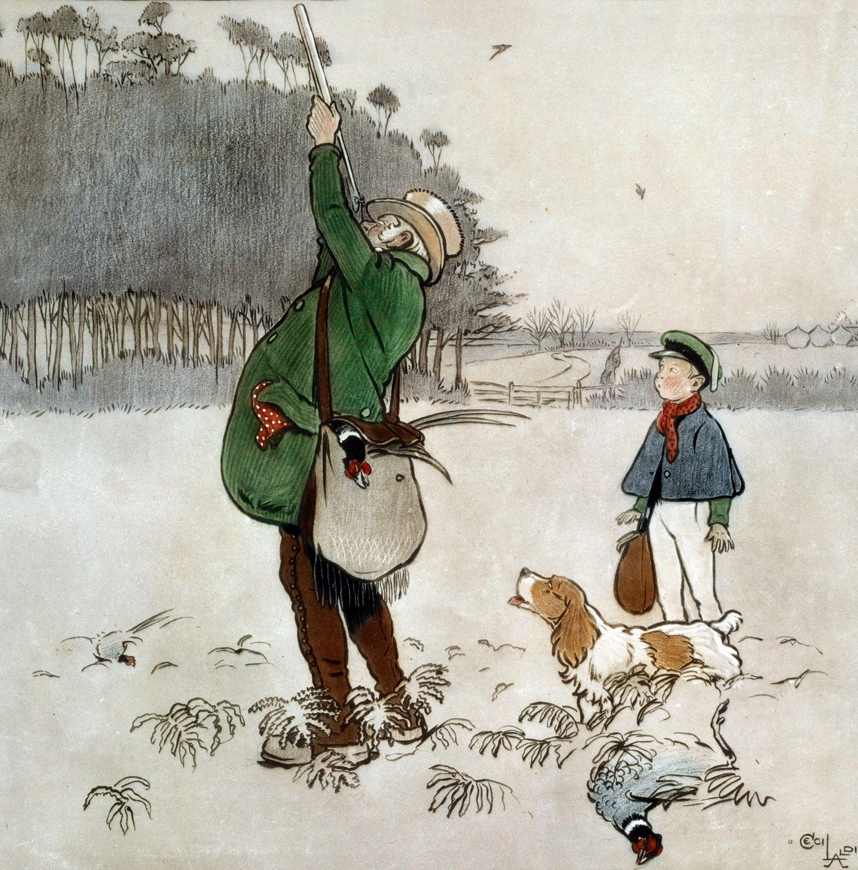 The Fighter Shooting Ducks Akvarel af Cecil Aldin (1870-1935) Privat samling fra det 19. århundrede af Cecil Charles Windsor Aldin