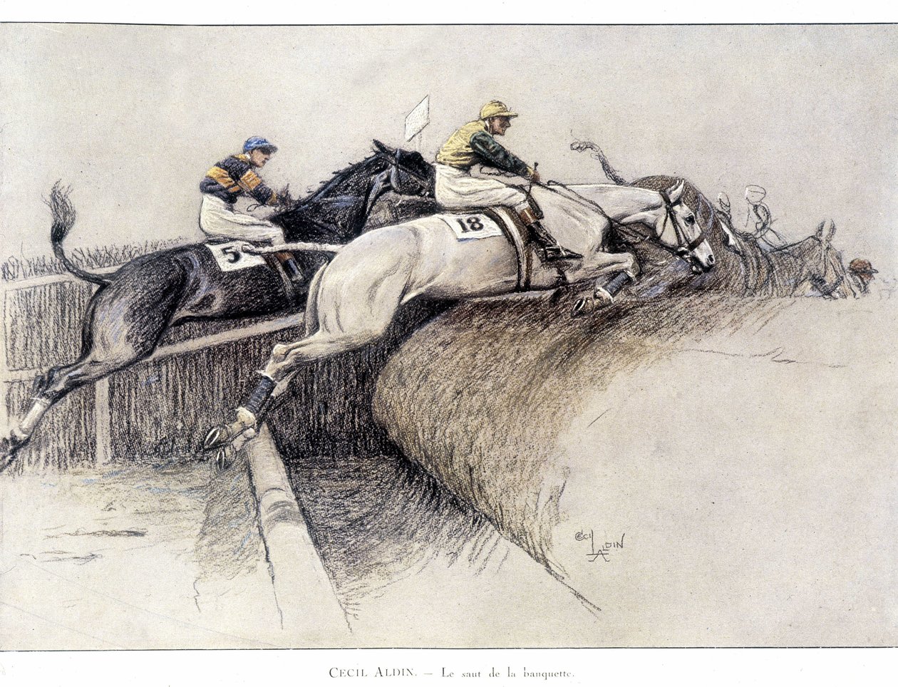 The Grand National Steeplechase i Liverpool: springet fra bænken - tegning af Cecil aldin af Cecil Charles Windsor Aldin