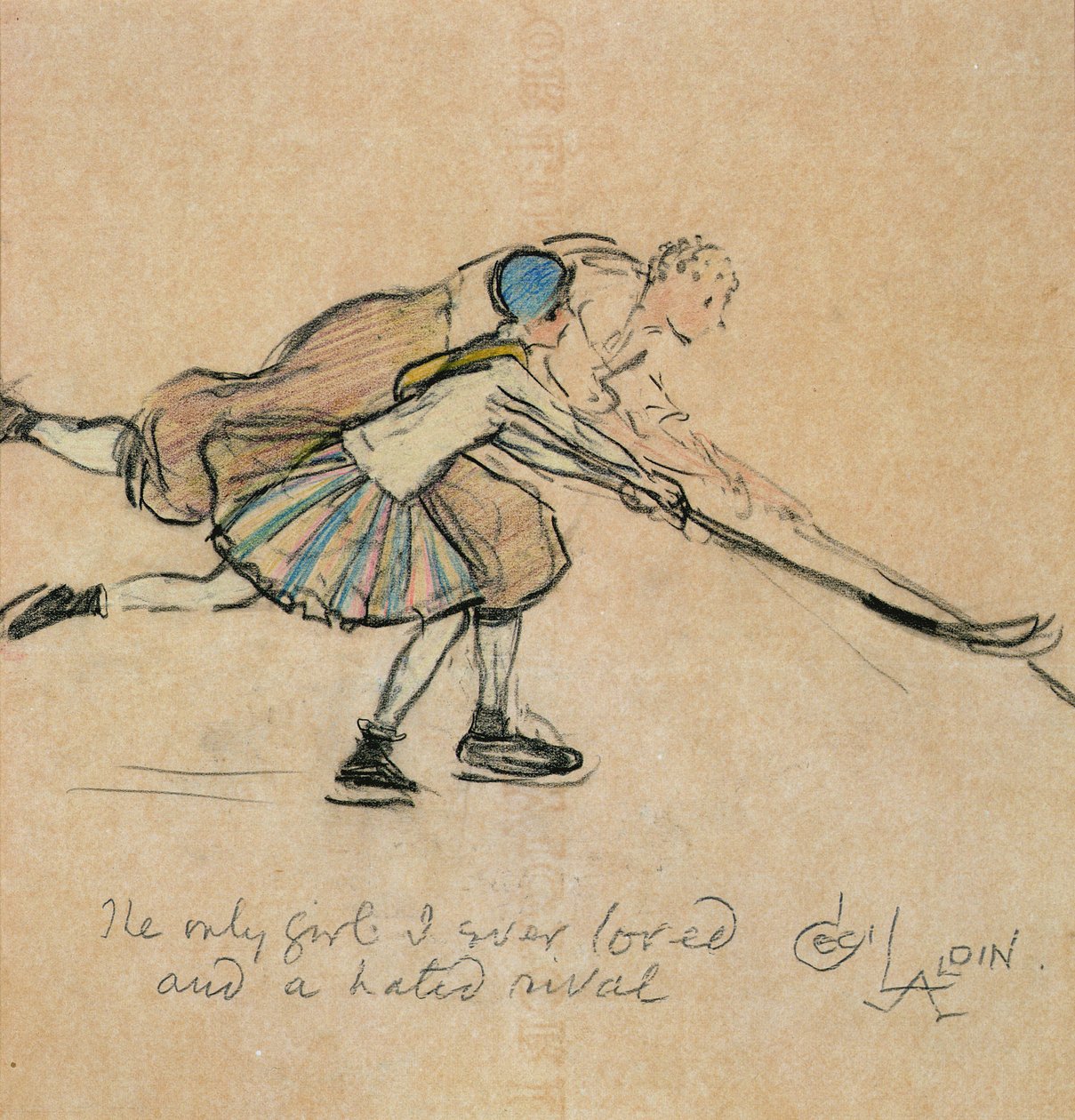 Den eneste pige, jeg nogensinde har elsket og en hadet rival (farvet farveblyant på papir) af Cecil Charles Windsor Aldin